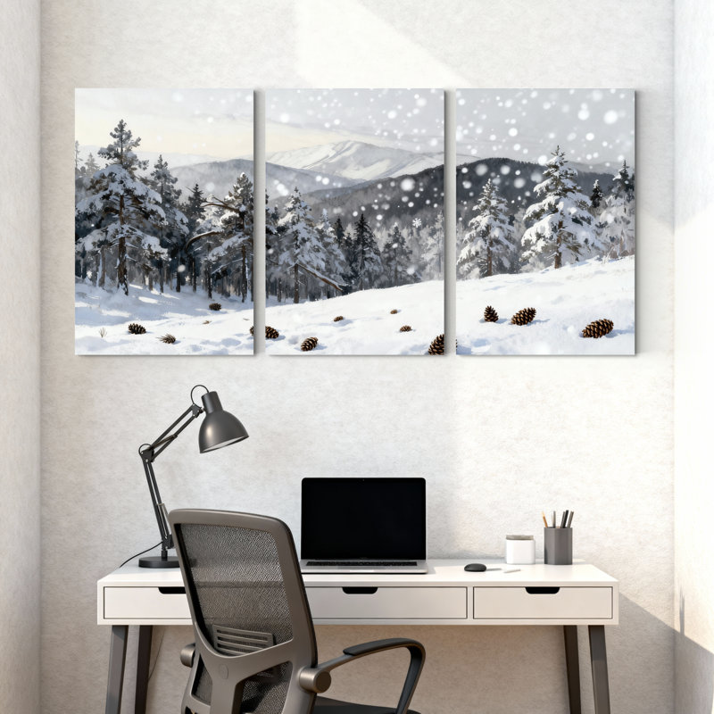 winter forest Snowy Forest Winter Landscape With Pine Cones Set of 3 Canvas Wall Art Prints, 24" H x 48" W