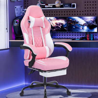 Ergonomic Video Gamer Chairs,Computer Gaming Chairs With Massage Lumbar Support And Footrest,Racing Style Computer Chair Adjustable Headrest For Adults,Pink White