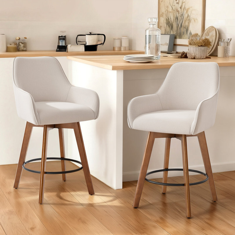 25" Swivel Upholstered Counter Stool with Solid Rubberwood Frame &  Full Back Arms, Off White