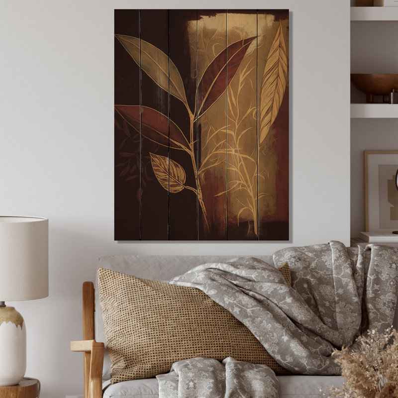 Terra Cotta chocolat feuilles VI - impression de paysage forêt, H 32 po x l 16 po x P 1 po, Bois