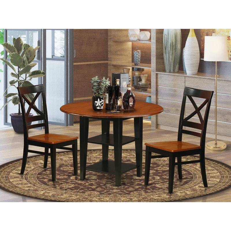 L'ensemble de table de cuisine 3 pièces pour petits espaces comprend une table de salle à manger ronde avec Dropleaf et des tablettes et 2 chaises en bois massif, noir et cerise
