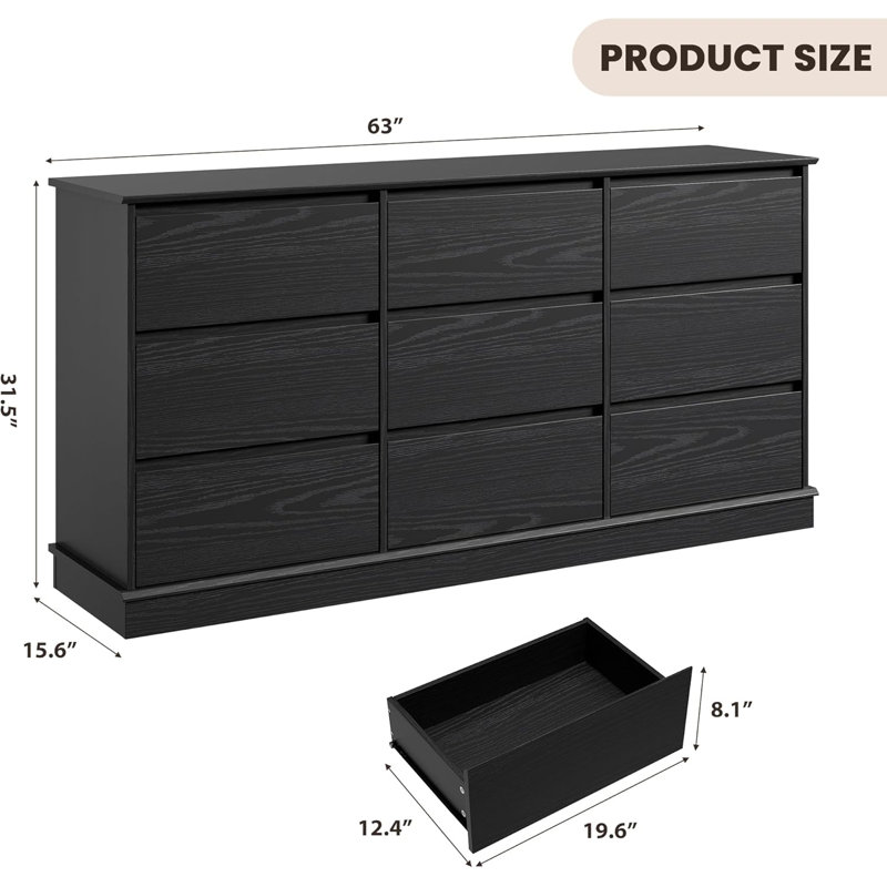 Drawer Dressers for Bedroom, Chest of Drawers with Deep Drawers, Large Dresser for Closet with Wide Top, Black