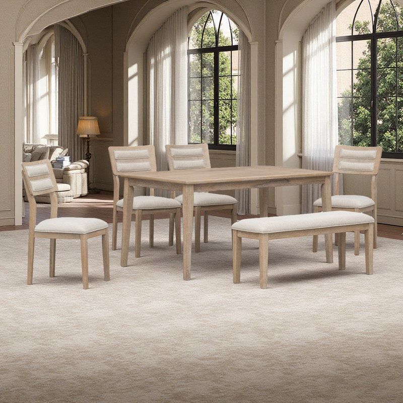 6 - Piece Traditional Dining Table with Chair and Bench Set, Brown/Natural