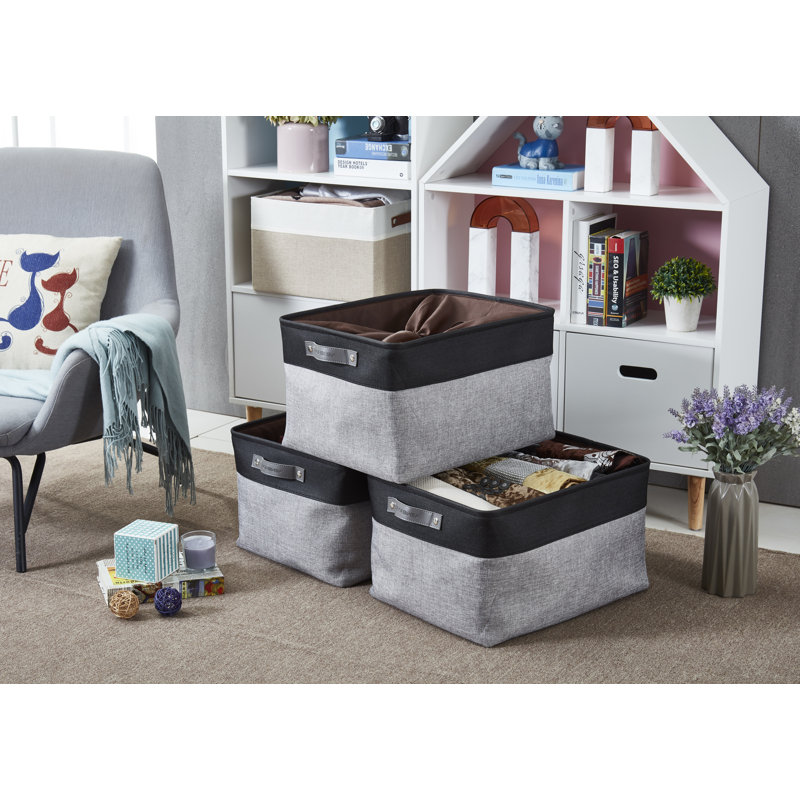 Foldable Fabric Storage Bin, Grey/Black, 3