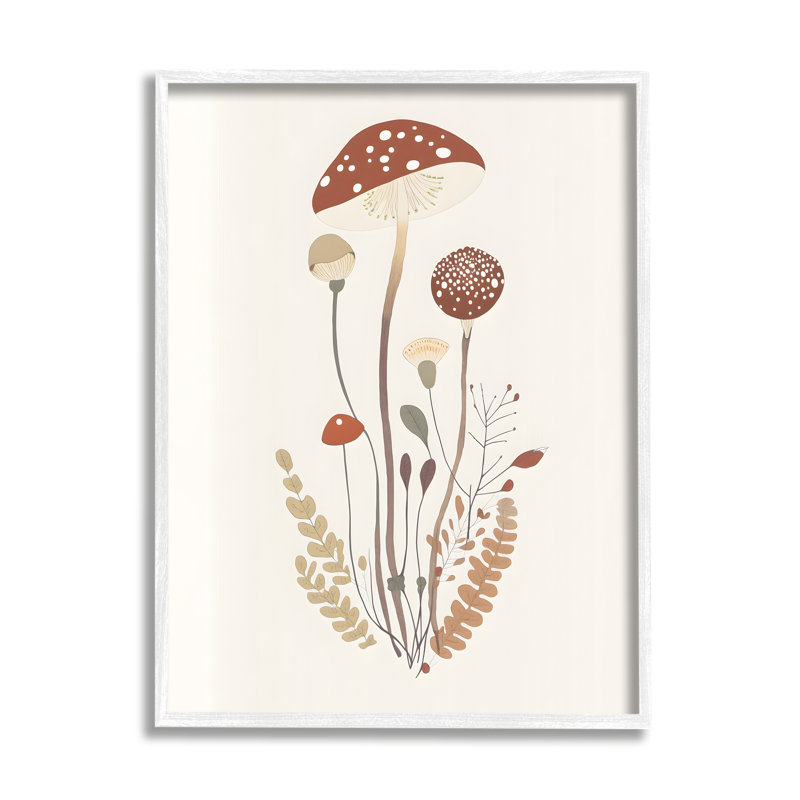 Champignon et brindilles fougères, reproduction d'art sur toile, Giclée encadrée blanc bord de mer