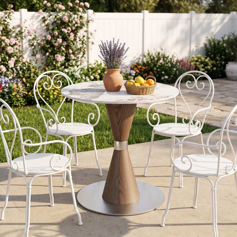 Table de bistro ronde pour salle à manger 31"/39"/43" pour 2 à 4 personnes, avec piètement en métal texturé pierre frittée et bois, idéale pour un coin repas ou une cuisine.