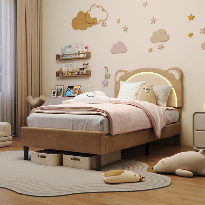 Lit plateforme simple pour enfant avec tête de lit ajustable et lumières DEL, conception tapissée d'ours, brun
