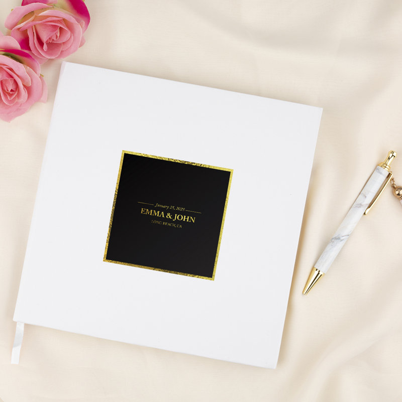 Carré noir avec cadre doré livre d'or de mariage personnalisé, Oui