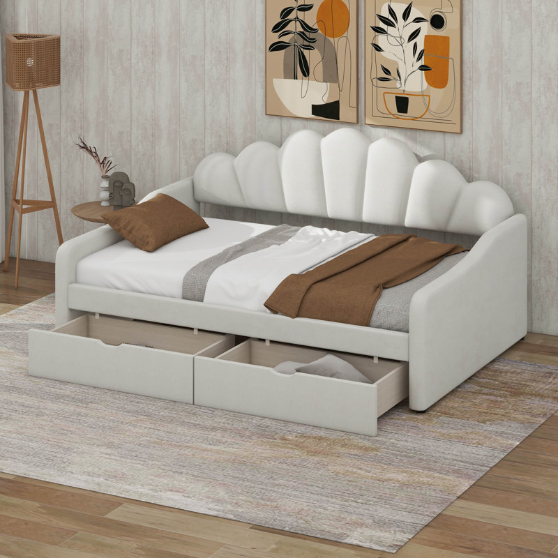 Lit de jour double avec rangement, cadre de lit de jour rembourré avec dossier de forme basse et 2 tiroirs, Beige