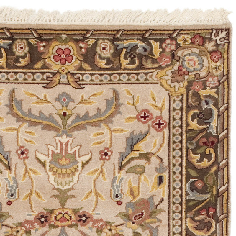 Beige and Tan Floral Hand-Knotted Wool Runner Rug
