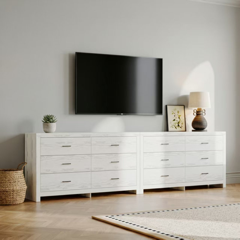 2-Piece 126" Wide TV Stand with 12 Storage Drawers, Media Console For 70/75/85/90/100+ Inch TVs, White Wood
