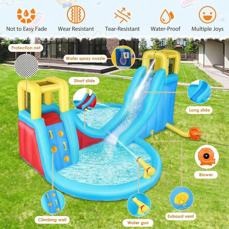 Jeu gonflable 15,4 pi x 14,6 pi avec soufflerie d'air, 2 glissades d'eau, 2 pataugeoires et 2 murs d'escalade