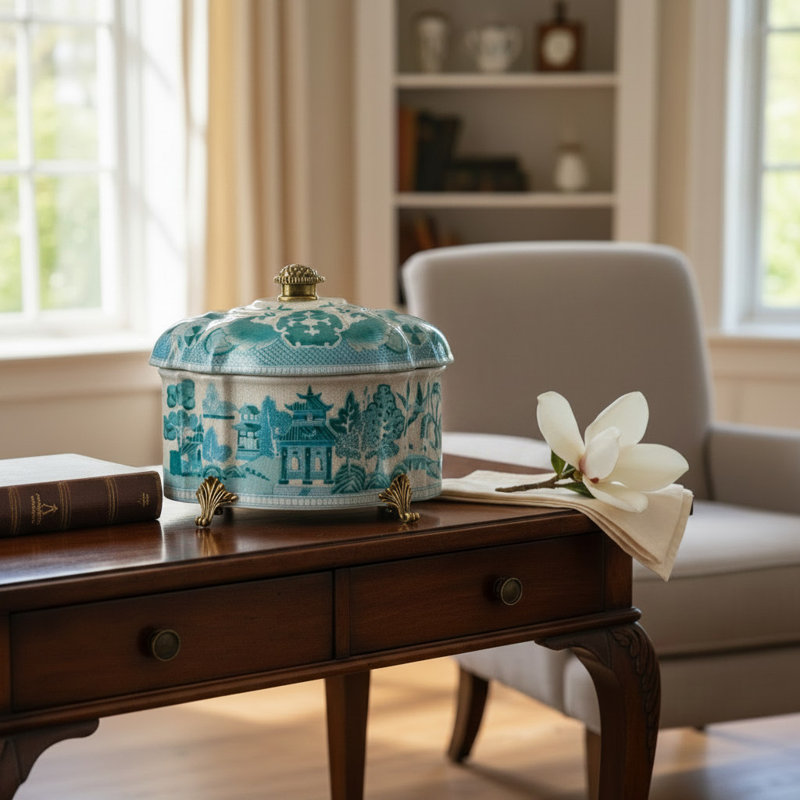 Boîte à couvercle en porcelaine avec pieds en bronze