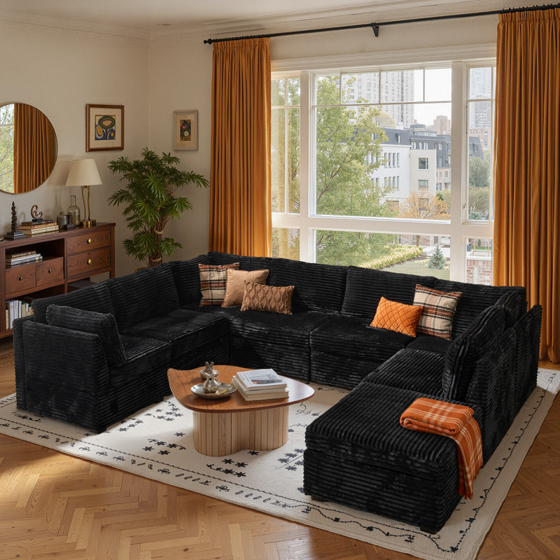Canapé modulaire en velours côtelé 8 pièces Nathasa, Velours côtelé noir