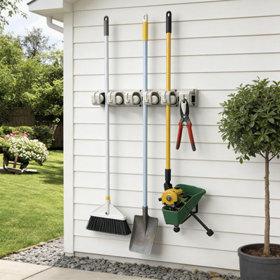 Wall Mounted Mop And Broom Holder, Tool Organizer With 5 Ball Slots And 6 Hooks