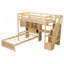 Lit mezzanine simple au-dessus de simple avec bureau intégré et escalier, avec compartiments de rangement et tablettes, naturel