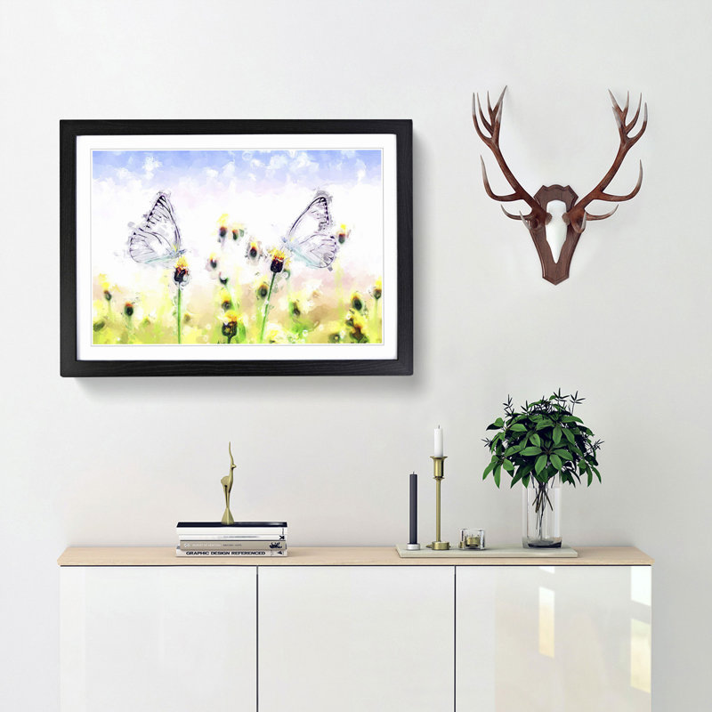 Two Butterflies upon Yellow Flowers in Abstract - Picture Frame Painting Print, 62cm H x 87cm W x 2cm D, Black Framed