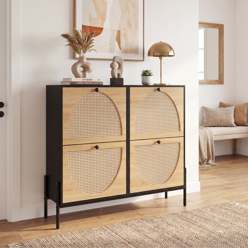 4-Flip-Down Door Rattan Shoe Cabinet with Adjustable Dividers, Narrow Space-Saving Storage Organizer for Entryway And Hallway MDF with Hand-Woven Rattan