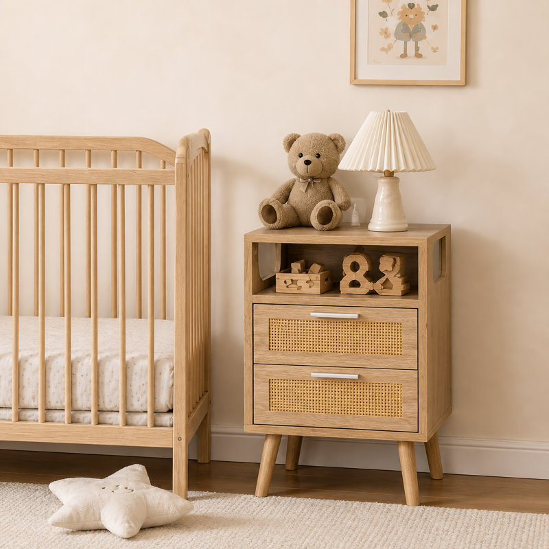 Natural Wood Nightstand With 2 Drawers And Open Shelf, Brown