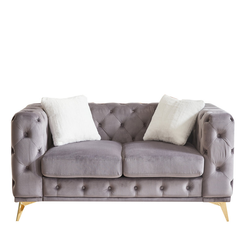 61,31 po, velours gracieux, boutons, 2 coussins de couleurs assorties, pieds en métal, coussins en mousse rembourrés de printemps avec conception à boutons, pieds, pour la décoration intérieure
