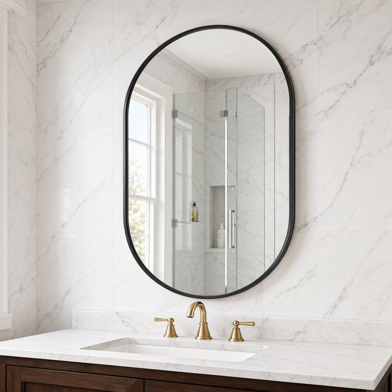 Miroir mural ovale pour salle de bain, en verre trempé avec cadre en aluminium, fixation verticale ou horizontale., 24*36
