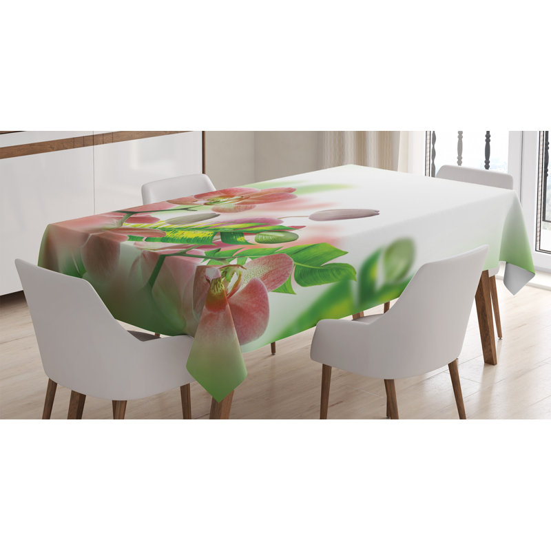 Tropical Tablecloth, Tropical Orchids Branch Stem Petal Leaf Bud Spring Blooming Flowers Print, Rectangular Table Cover For Dining Room Kitchen Decor, 52" X 70", Peach And Green