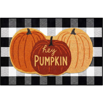 2 Pack Hey Pumpkin Fall Doormat Set – Non-Slip Welcome Coir Mat with Black & White Plaid Layering Rug for Front Porch, Entryway & Thanksgiving Décor