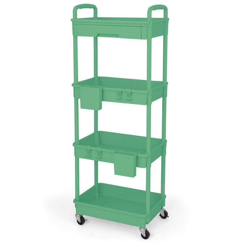 Chariot roulant polyvalent à 4 niveaux avec tiroirs, chariot de rangement pratique et polyvalent avec tablettes en plastique et roues verrouillables