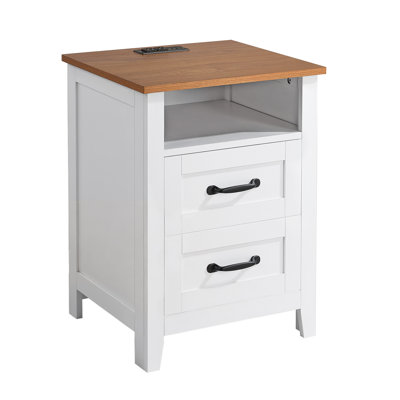 White Farmhouse Nightstand with Charging Station, 2 Drawers & Open Shelf, Rustic Bedside End Table with USB Ports for Bedroom Living Room