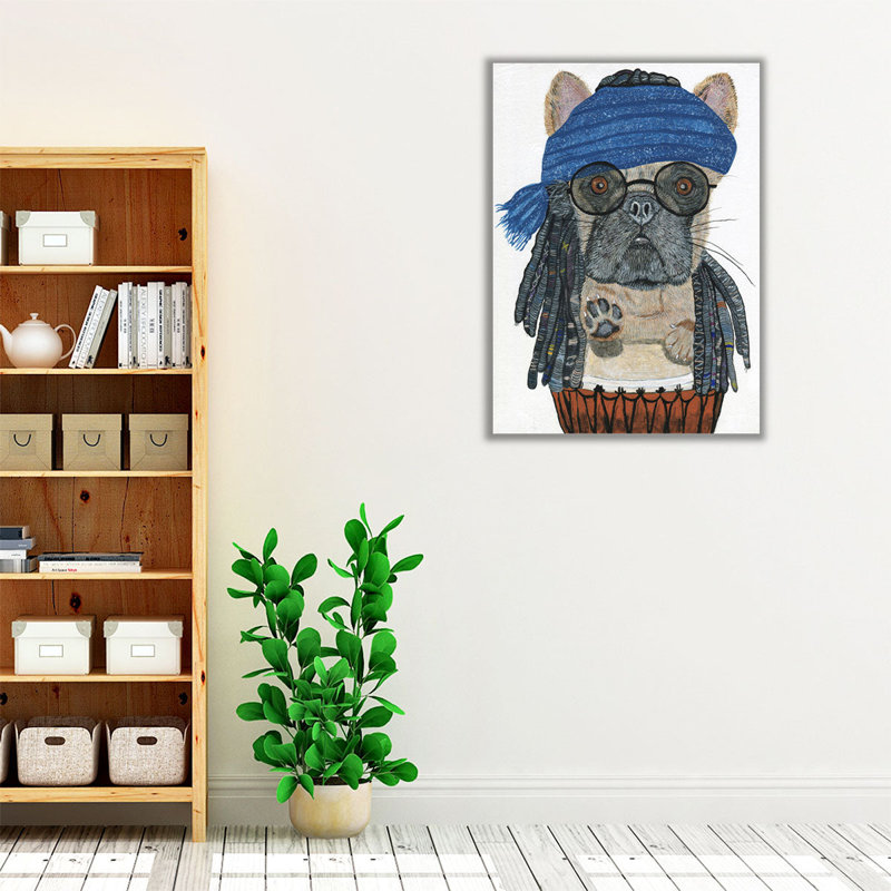 Hippie Frenchie - reproduction d'art sur toile, H 24 po x l 18 po