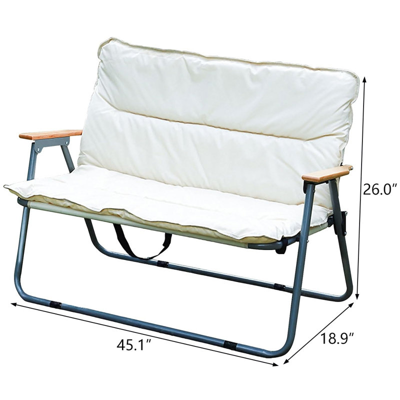 Chaise de camping pliante avec causeuse et coussin de siège pour deux personnes, Blanc / Bleu