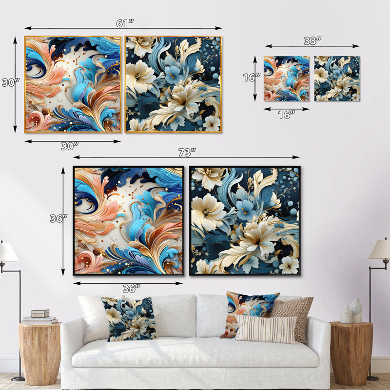 Krenwik - Ensemble de 2 collages floraux et botaniques carrés, Cadre flottant doré, H 36 po x l 73 po
