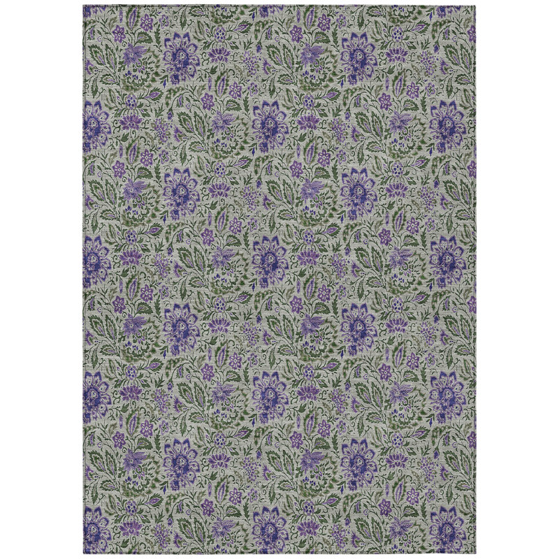 3' X 5' Olive Green Sage And Purple Floral Washable Indoor Outdoor Area Rug