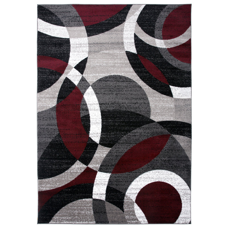 Archeveque Woven Abstract Burgundy/White/Black Area Rug - Modern Geometric Polypropylene Carpet for Living Room, Bedroom, or Hallway