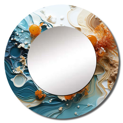 Rondle Blue And White Geyser Liquid Ink I - Abstract Shapes Mirror, Modern Round Decorative Wall Mirror, Printed Metal Art