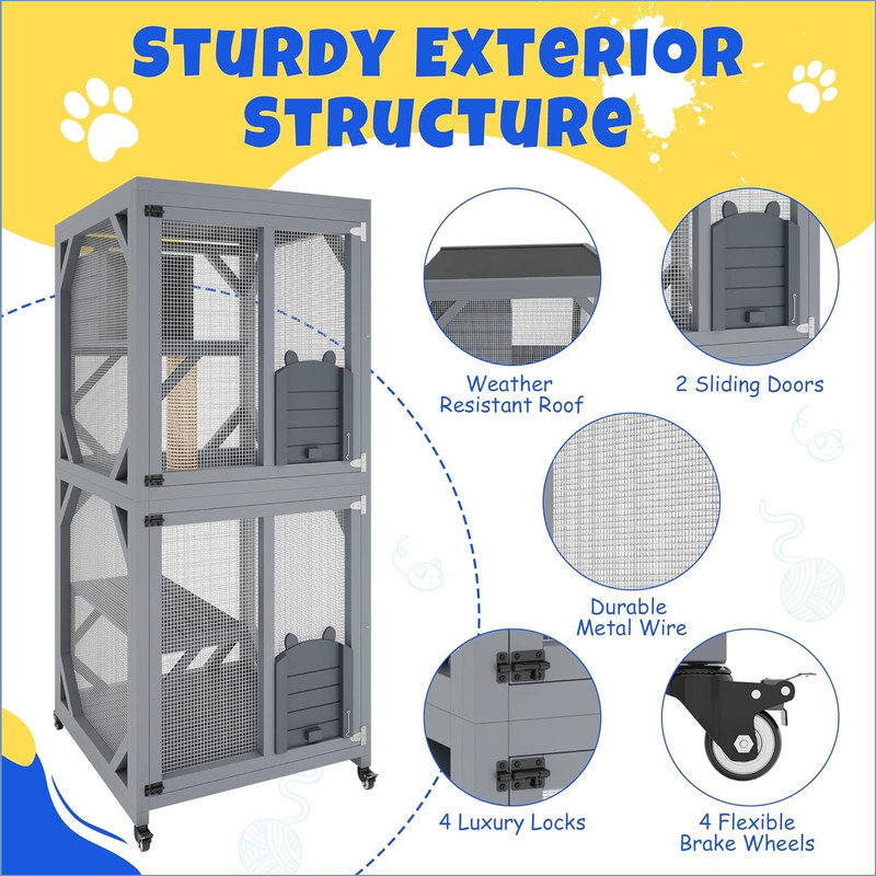 68'' Window Catio Outdoor Cat Enclosure On Wheels, Large Cats Kitty House with Waterproof Roof, Cat Playpen Outside Cattery with Platforms, Resting Box and Scratching Post