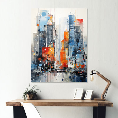 Minimaliste bleu et orange New York Shyscrapers III - gratte-ciel en métal, art mural