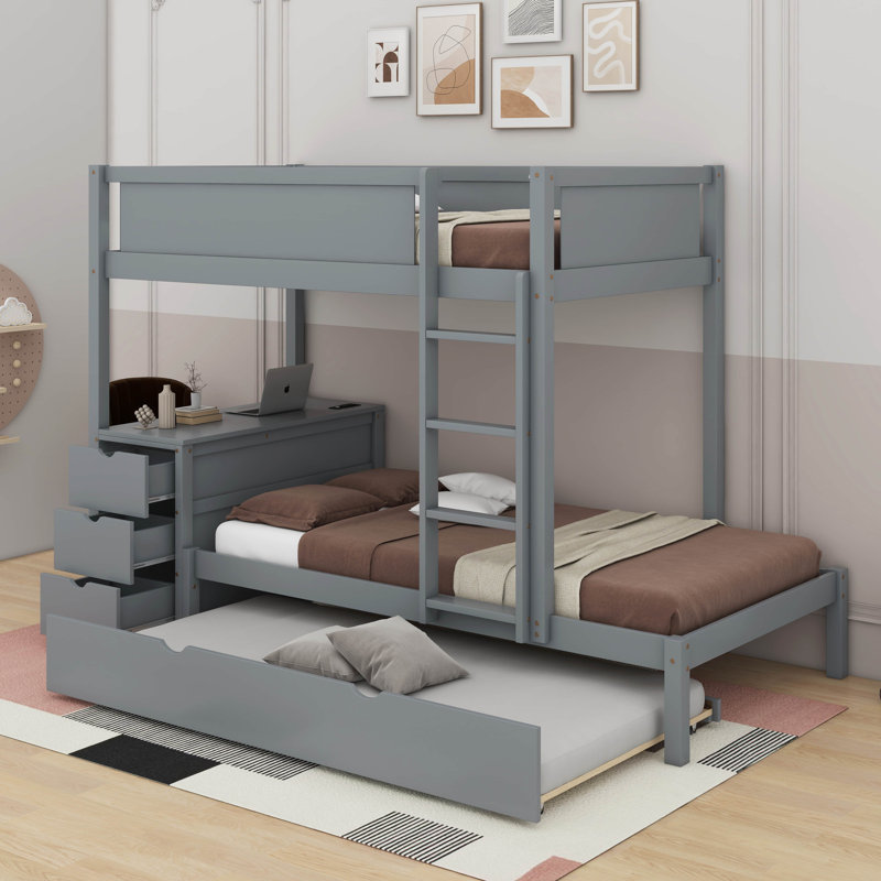 Bunk Bed With Trundle And Desk, Gray, Twin Over Twin