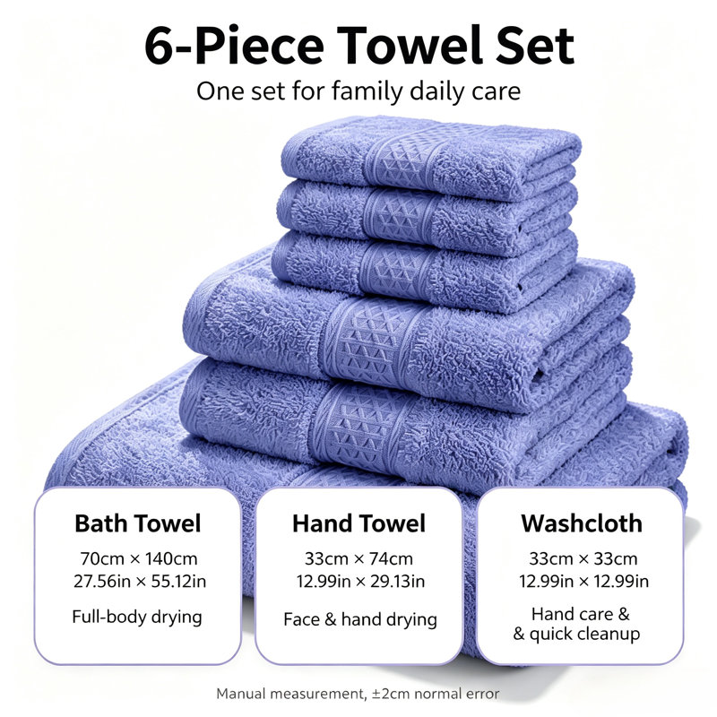 Ensemble de serviettes de bain 100% coton peigné 6 pièces Serviettes de bain ultra douces et très absorbantes, Light Purple