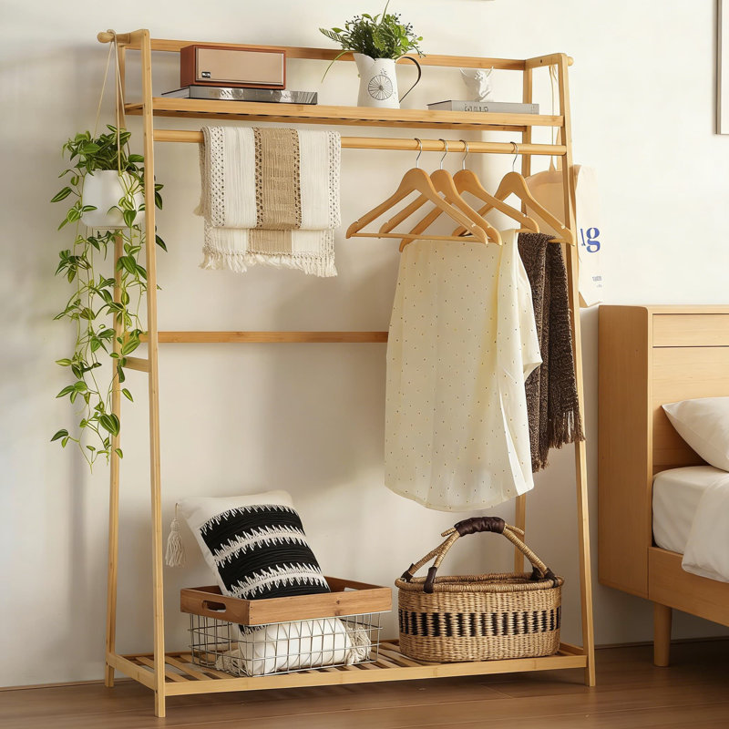 Portant à vêtements en bambou à 2 niveaux avec tringle et tablettes de rangement, organisateur de garde-robe portatif pour chambre à coucher et vestibule