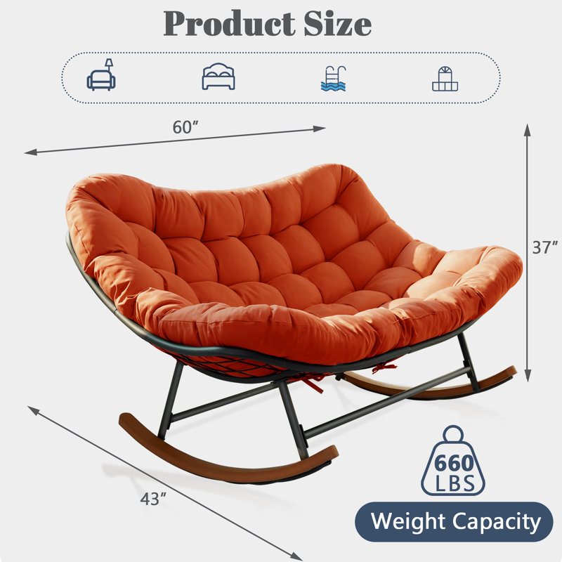 Patio Rocking Chair Outdoor, Oversized Papasan Rocking Chair For 2 With E-Coated Steel Frame And Thick Cushion, Red