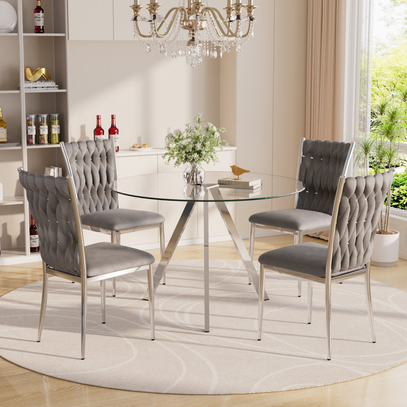 Glass Round Dining Table Set with Velvet Upholstered Dining Chairs, 5, Gray/Silver, Silver