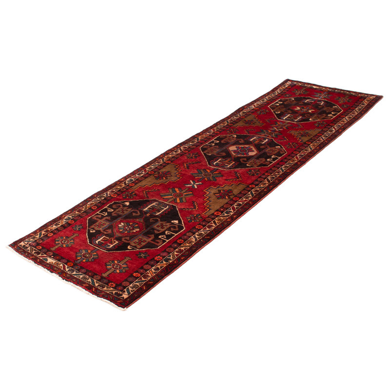 Tapis de couloir rouge en laine noué à la main de conception unique 3 pi 11 po x 13 pi 3 po Herakleios