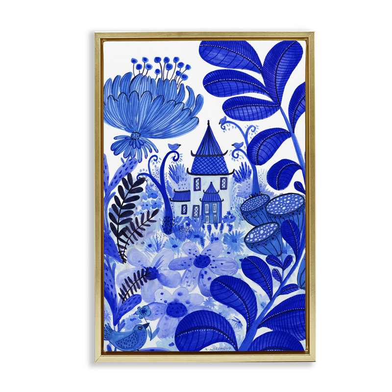 Cadre flottant fantaisiste bleu, par Kay Widdowson, H 25 po x l 17 po, Cadre flottant métallique doré