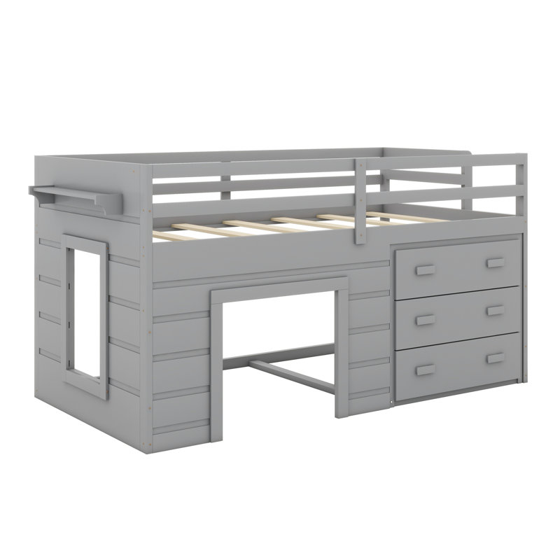 Lit mezzanine avec tiroirs et tablette, gris