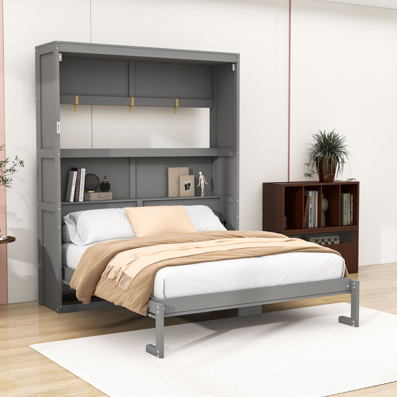 Murphy Bed Wall Bed With Shelves, Gray, Queen