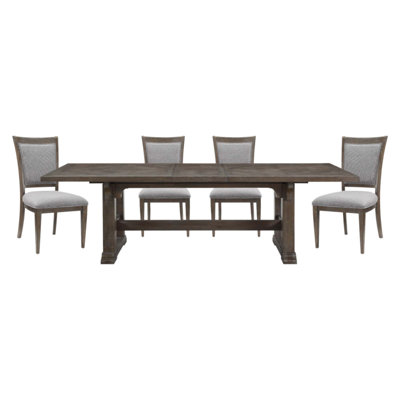 Ensemble de salle à manger extensible classique 5 pièces avec fini bois flotté, table en bois durable et chaises rembourrées grises pour des repas élégants