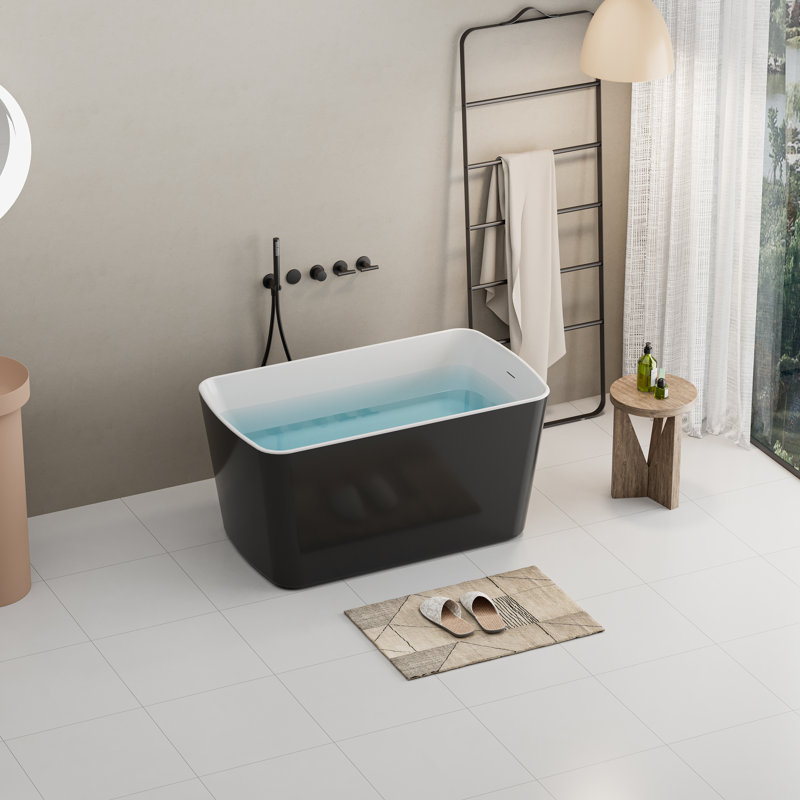 49" Acrylic Freestanding Soaking Bathtub, Square-shape Japanese Hot Tub, Chrome Overflow and Quick Drain, Glossy Black