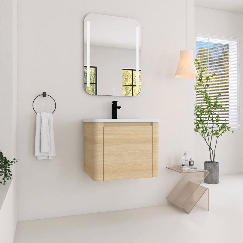 24 Inch Wall-Mounted Bathroom Vanity With Ceramic Sink and Soft-Close Door, American White Oak, 24"