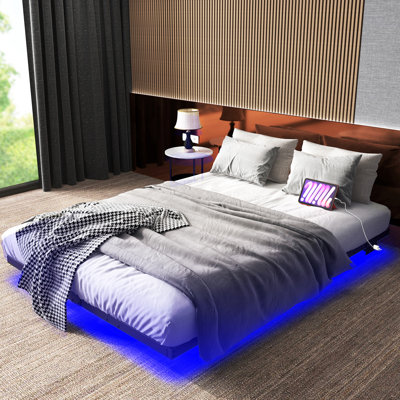 Floating Metal Bed Frame with LED Lights and Charging Station